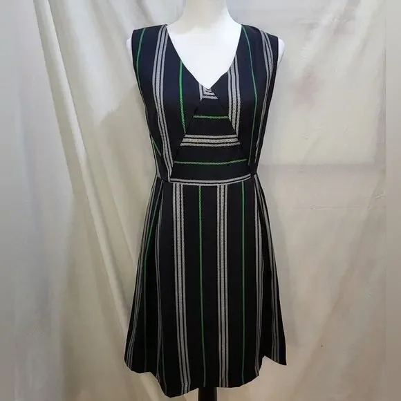 Beautifully Couture Blue Green Striped Sleeveless Lined V-Neck Dress, Small - Picture 2 of 8